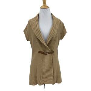 Chaps Cardigan Women S Small Stone Linen Blend Knit Fold Over Lapel Belted Tunic